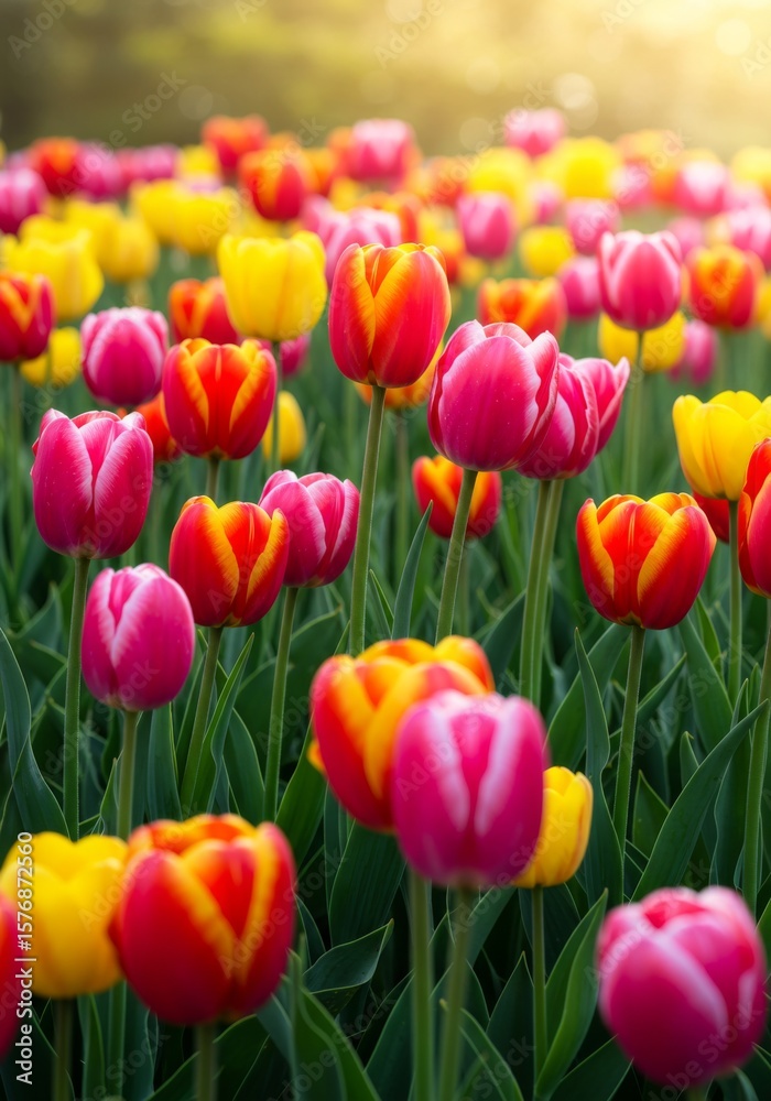 Vibrant Pink Yellow Red Tulips Blooming in a Sunny Field Vibrant Pink Yellow Red Tulips Blooming in a Sunny Field
