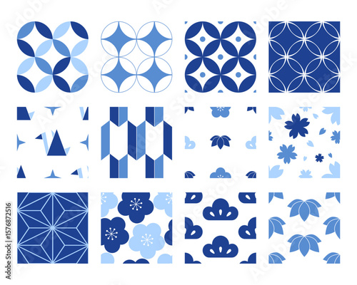 Minimal Indigo Blue Japanese Traditional Pattern Seamless Vector Set with Shippou, Pine, Bamboo, Plum, Crane, Sakura, Yagasuri, and Asanoha for Textile, Kimono, and Elegant Japanese Interior