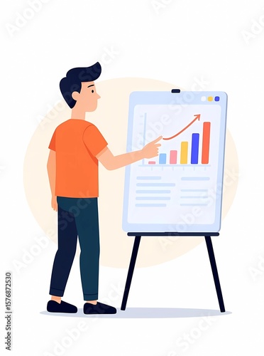 man presenting chart on whiteboard, orange shirt clip art preview