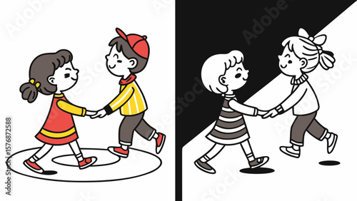 Handmade picture of kids silhouette cartons  walking, playing, dancing in happy mood sketch style artwork in a circle or straight line in black white background vector illustration.
