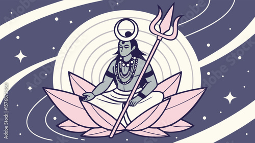 Serene cosmic lord shiva meditating on a lotus amidst a celestial backdrop, representing divine energy.