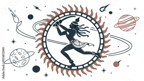 Cosmic Lord Shiva Divine silhouette in a sunburst of stars, space, and planets against a white background.