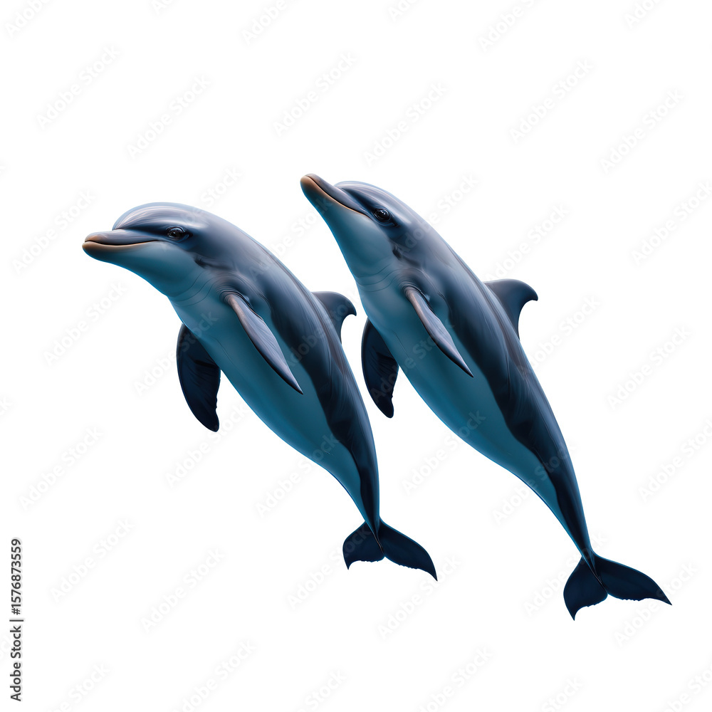 Fototapeta premium Two Dolphins Swimming Together in Clear Blue Water Portraying Playfulness and Grace
