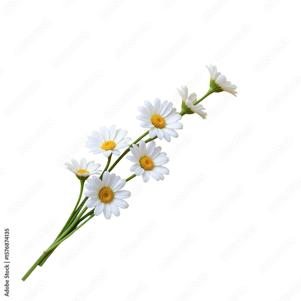 Fototapeta premium Delicate White Daisy Bouquet with Green Stem and Leaves on a Transparent Background