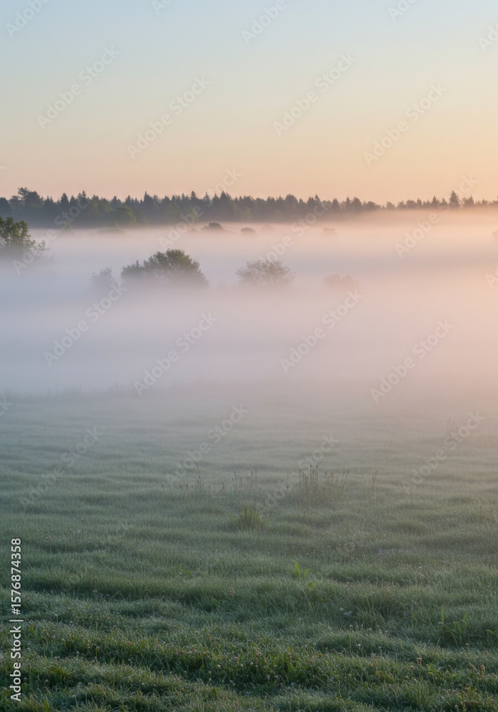 Fototapeta premium Misty Sunrise Over a Serene Green Field