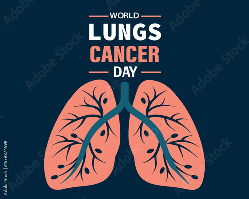 World Lungs Cancer Day. 1st August World Lungs cancer day awareness banner with inside view of lungs attacked by viruses. The day focuses on the power of unity in the fight against disease, illness.
