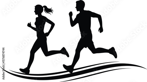 Dynamic Running Couple Silhouette: Active Man and Woman Exercising Together
