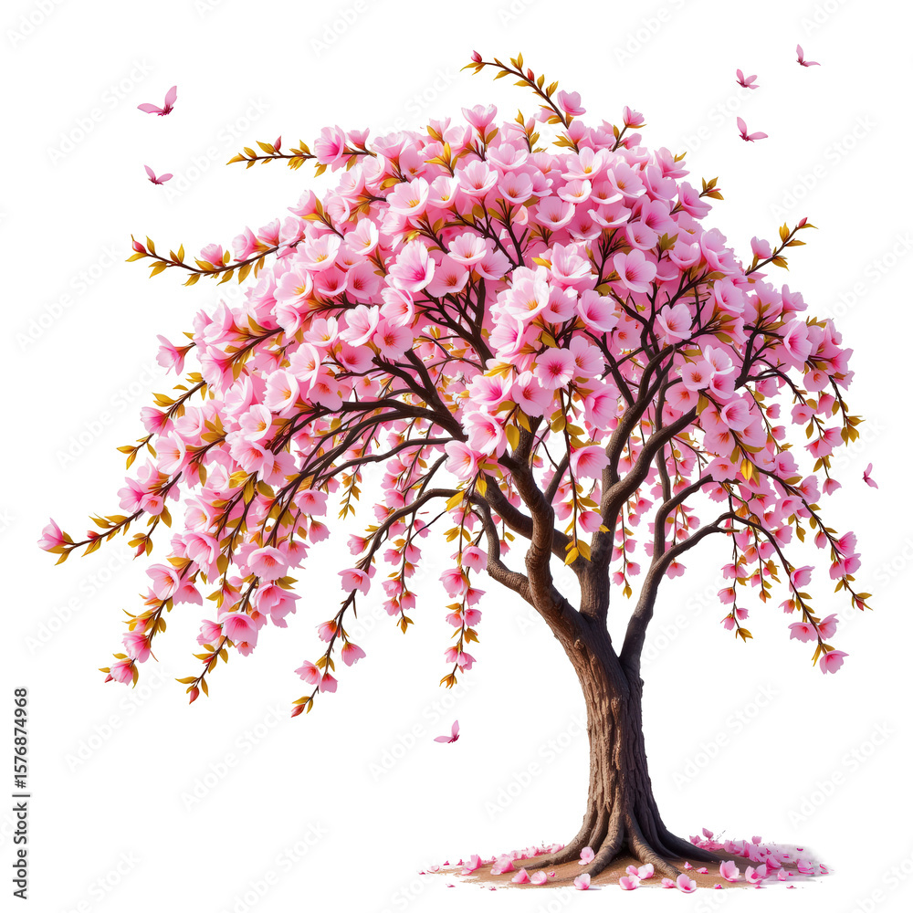 Fototapeta premium Beautiful cherry blossom tree in full bloom with delicate pink petals and flying butterflies