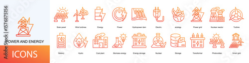 power and energy icon collection set. Containing Solar panel, Wind turbines, Energy, Power, Hydropower dam, Electric, ecology icon