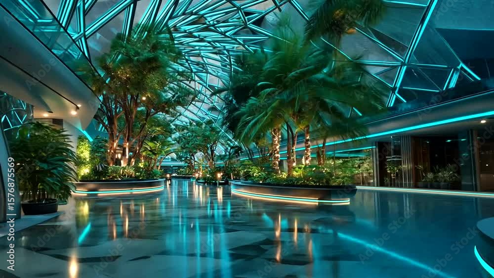 Futuristic indoor garden with neon lights, showcasing vibrant greenery and modern architecture,