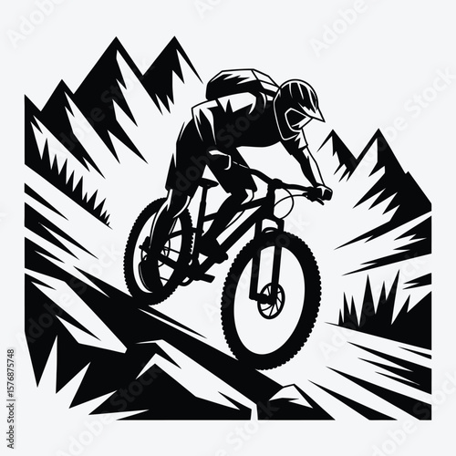Mountain biker riding downhill through sharp stylized mountain peaks and terrain