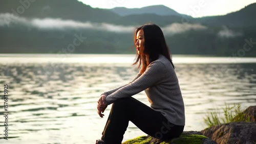 Woman sits by lake, contemplating