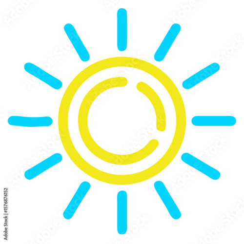 Simple sun illustration with blue rays and yellow disc for summery layouts. Sun illustration conveys warmth and positive energy in minimalistic style. Use sun illustration for weather forecasts,