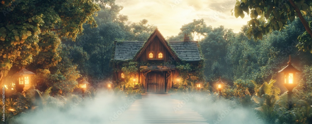 Obraz premium Enchanting wooden cabin nestled in a mystical forest.