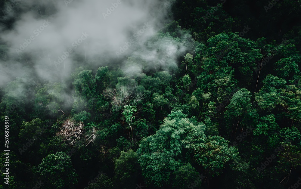 Fototapeta premium Misty forest dense green aerial view