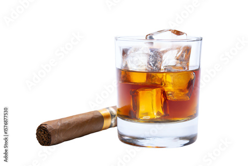 a glass of whiskey and a cigar on a white background