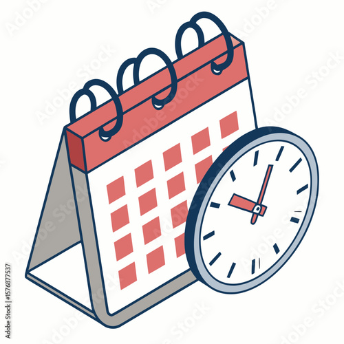 desktop calendar with red clock, Calendar icon with date and clock overlayed, subtle gradient and long shadow, optimized for scheduling features in web apps