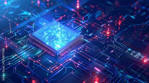 Futuristic glowing microchip on a digital circuit board with neon blue and pink highlights.