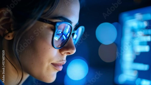 Woman coding in blue light, focused
