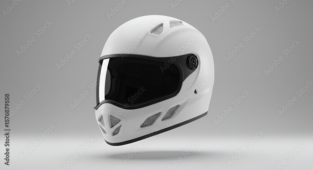 Fototapeta premium Modern motorcycle helmet in pristine white floating on a neutral gray background design