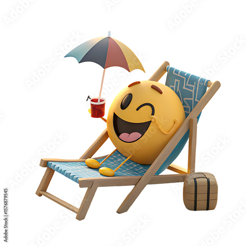 Emoji relaxing in a beach chair with a drink