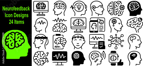 Neurofeedback Icon Designs – Vector Set of Brainwave Monitoring and Cognitive Training Symbols