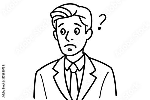Black and White Illustration of Confused Businessman with Question Mark – Decision-Making, Doubt, and Professional Uncertainty Concept
