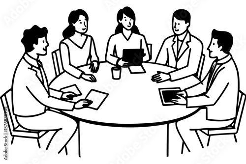 Cartoon Illustration of Five People Sitting Around Round Table Discussing Documents – Teamwork, Communication, and Business Collaboration Concept

