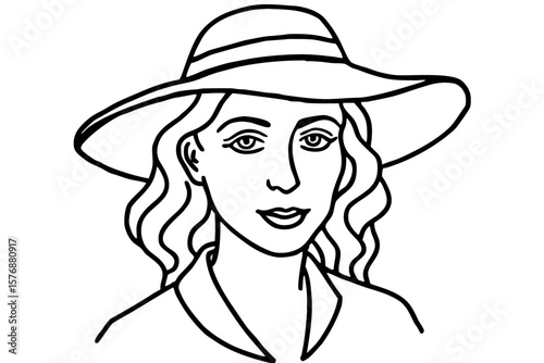 Vintage Woman in Hat - Black and White Line Art Vector Illustration