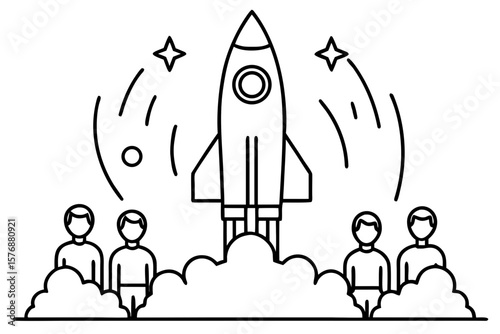 Illustration of Rocket Launch Surrounded by People Cheering under Starry Sky – Innovation, Teamwork, and Space Exploration Concept
