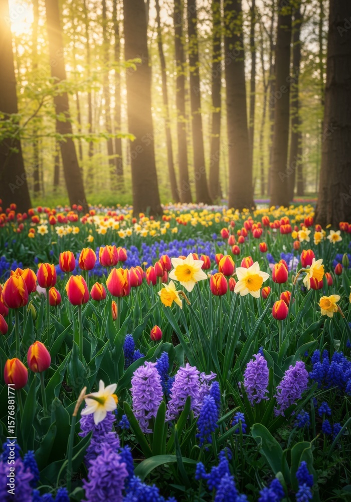 Fototapeta premium Vibrant Spring Flowers in Sunlit Forest