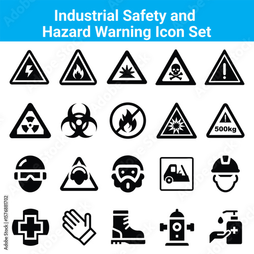Workplace Safety and Hazard Warning Icons Set, Protective Equipment Symbols, Industrial Safety Signs
