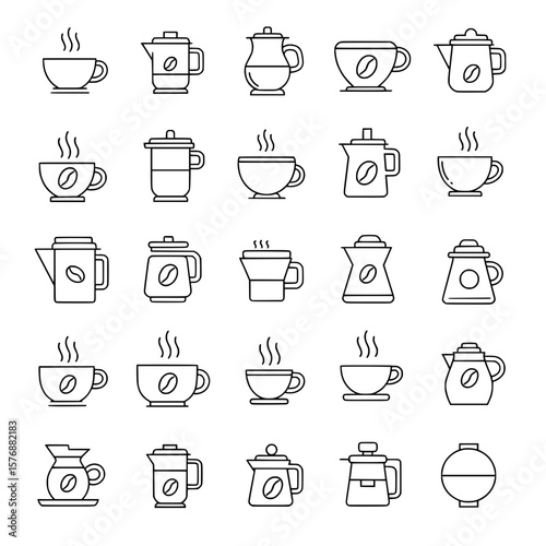 Collection of line art icons depicting various coffee cups, mugs, and brewing pots with steam.