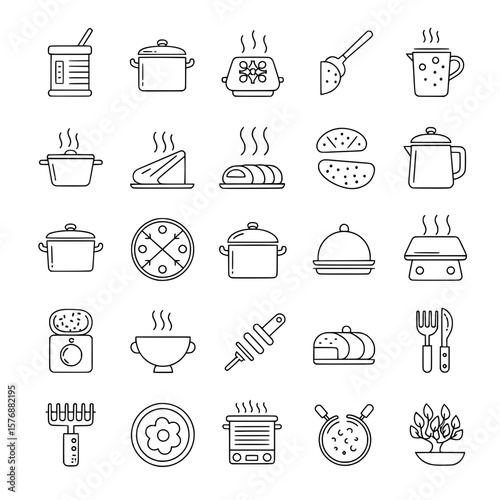 Collection of line art icons depicting various cooking utensils, pots, food, and kitchen appliances.