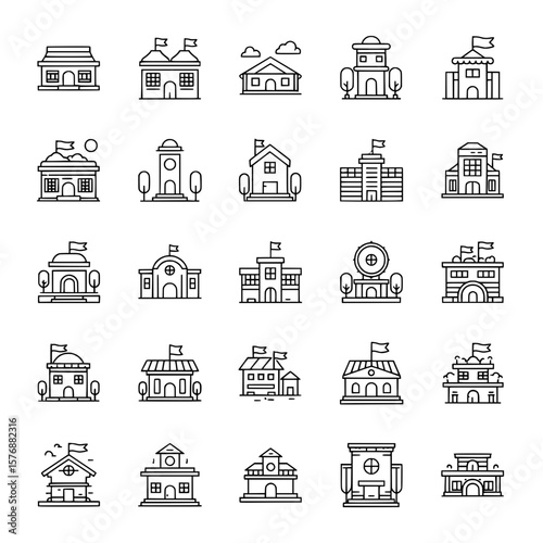 Collection of school and public building outline icons. Various educational institutions and town hall symbols.