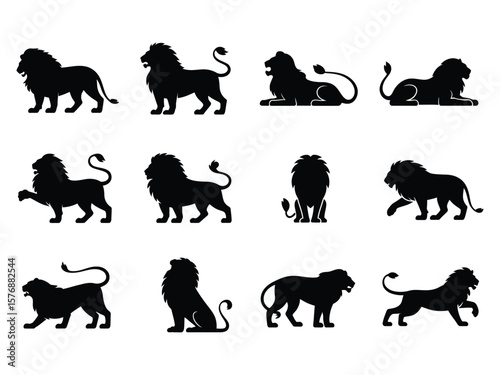 Black silhouettes of lions in different poses against a clean white background create a striking and versatile design.