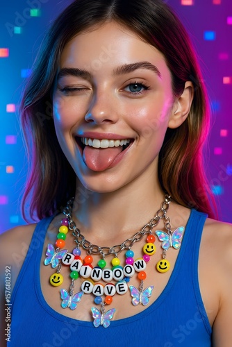 Playful Portrait Young Woman with Y2K-Inspired Necklace, Winking and Sticking Out Tongue Against Abstract Colorful Pixelated Background