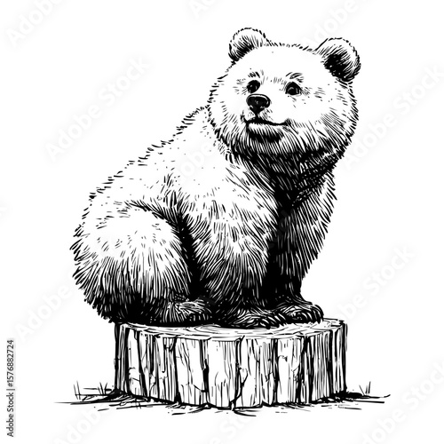 A cute bear cub sitting on a tree stump in a detailed monochrome sketch.