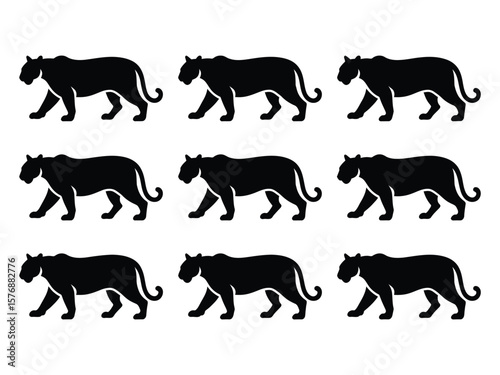 Seamless pattern features stylized black panther silhouettes on a clean white background in a repeated design.