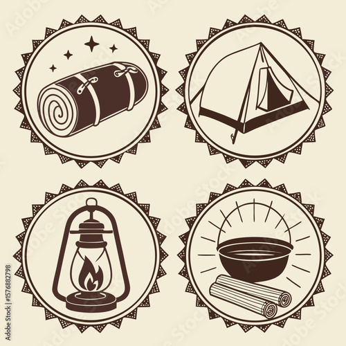 Vintage camping emblems featuring a sleeping bag tent lantern and campfire cooking pot