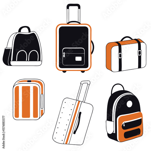 Various baggage and luggage types illustration. Colorful suitcases, backpacks, trolleys for travel, tourism, airport design. Editable vector for web, app, print, and vacation projects.