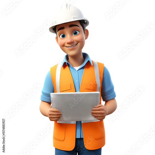 3D Character of a Male Engineer or Construction Worker Holding a Tablet, AI Generated