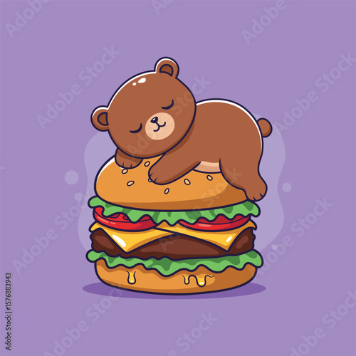 cute bear sleeping on a burger. vector illustration
