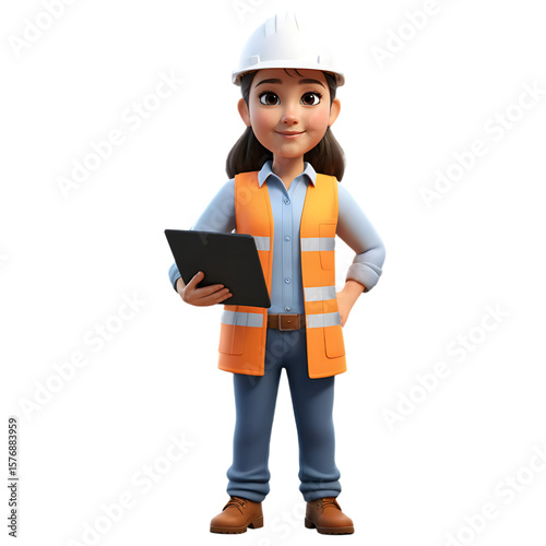 3D Female Engineer Character Using a Tablet for a Construction Site Inspection, AI Generated