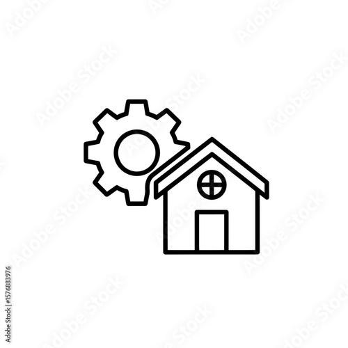 Vector line drawing icon showing a simple house symbol connected with a functional gear shape, concept for integrated property management systems, residential automation interfaces, and building