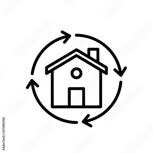 Minimalist black line drawing depicts a house graphic enclosed within a dynamic circular arrow movement pattern, concept for real estate cycle management, sustainable property development solutions