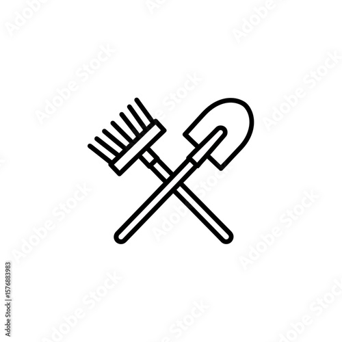 Clean line drawing icon illustration showing crossed garden rake and shovel tools, concept for landscaping business promotion, agricultural equipment display and home improvement application interface