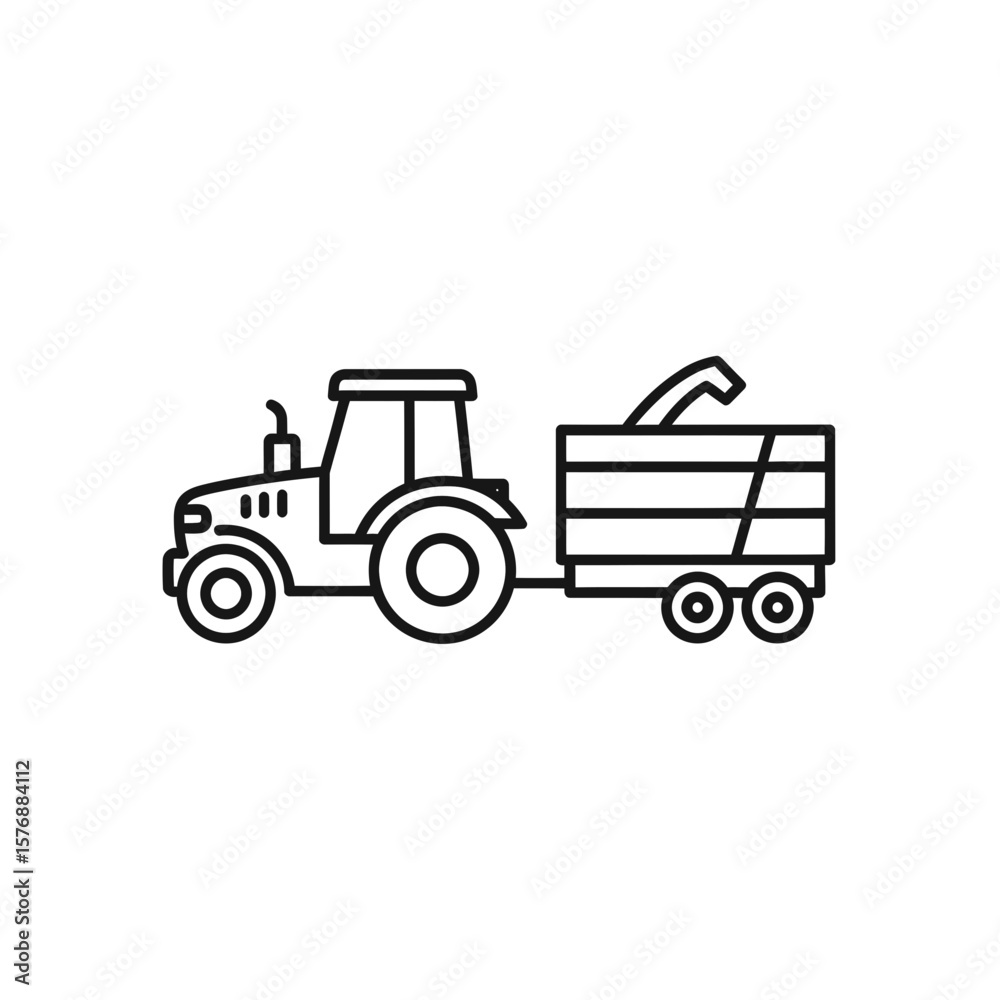 Obraz premium Simple black outline icon depicts farm tractor with cab pulling grain harvesting wagon on white background, concept for agricultural equipment illustration, rural transport symbols, and farming