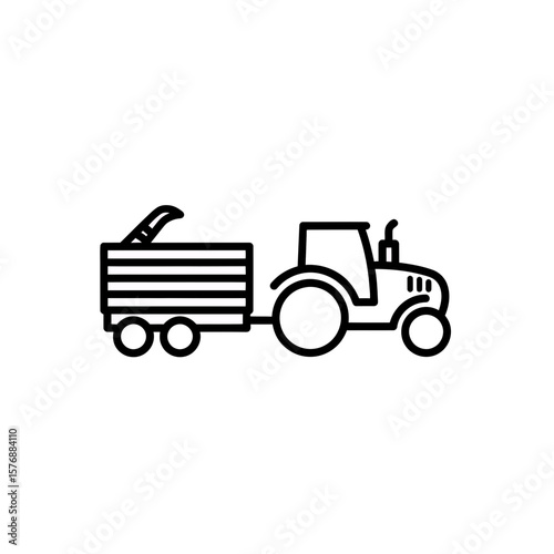 Clean line icon illustration depicting a farm tractor pulling a large trailer loaded with harvested crops,concept for modern farm mobile app, website graphic element and educational agricultural