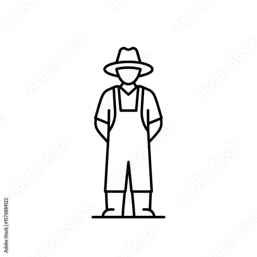 Minimalist line icon showing person in hat and overalls, symbolizing agriculture or farming, concept for agricultural work, organic farming solutions, and rural development projects